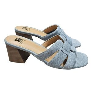 SM New York Women's 9 Denim Mules Slip On Sandals‎ Block Heel Casual Shoes